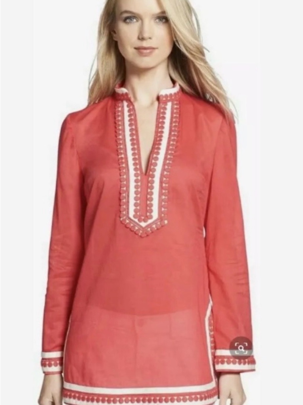 Tory Burch Coral 🪸 Cotton Dot Trim Tunic Top Long Sleeve V-Neck Size 6